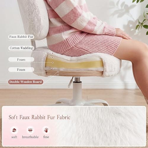 Homkdom Vanity Chair with Back, Swivel Chair with Wheels & Adjustable Height, Fluffy Faux Rabbit Fur Comfy Desk Chair for Vanity, Make-up Room, Bedroom, Dorm, Cute Bow Backrest, White thumbnail 9