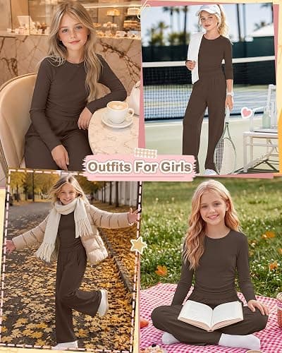 Custoneei Girls' 2 Piece Outfits 5-14Y Cute Sets | Tween Girls Casual Cute Sets, Teens Sweat Suits, Kid Long Sleeve Crew Neck Bow Top, Wide Leg Pants, Lightweight Fall Winter thumbnail 4