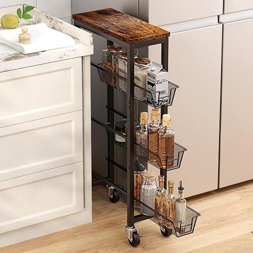 Honest Slim Storage Cart 4-Tier Slim Rolling Cart with Metal Frame and Wooden Top, 6.3 Inches, Storage Cart for Kitchen, Dining Room, Living Room, Bathroom, Home Office, Rustic Brown and Black - Image 1