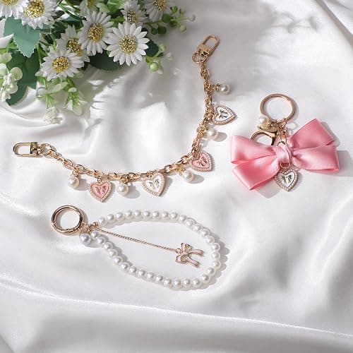 LuneClat 3Pcs Heart Pearl Purse Extender Chain - Gold Replacement Bag Charm with Enamel Flower, Pink Bow Peal Keychain for Women Crossbody Handbags Purses Making Accessories thumbnail 4