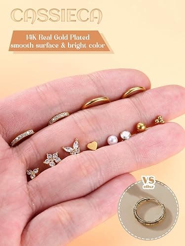 CASSIECA 12 Paar Ohrringe Gold Silber Set, 316L Chirurgenstahl Ohrringe für Damen Herren Medizinische Ohrstecker und Creolen für Mehrfachpiercing 14K Vergoldet Helix Tragus Piercing Ohr Gold Silber thumbnail 7