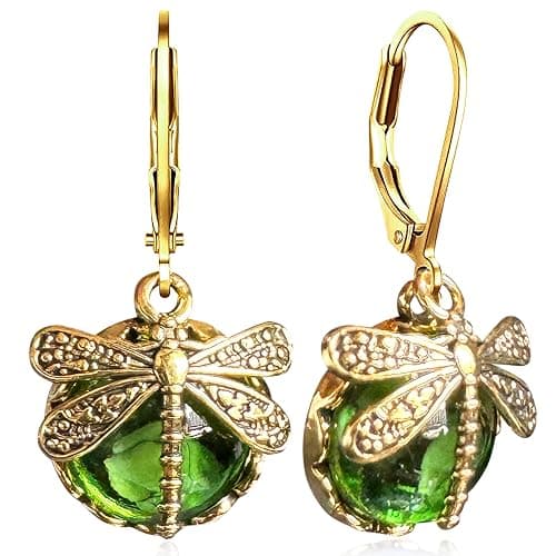 unixmoment Bohemian Sparkly Crystal Moonstone Vintage Gold Dragonfly Dangle Drop Leverback Earrings For Women - Image 1
