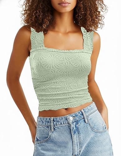 AIHUKOCY Women Square Neck Wide Strap Floral Crop Tank Top Sleeveless Lettuce Trim Solid Slim Cropped Cami Vest Tops - Image 1