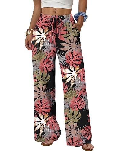 Sampeel Wide Leg Pants for Women Flowy Palazzo Drawstring Elastic Waist Trousers with Pockets Summer Beach Vacation Clothes - Image 1