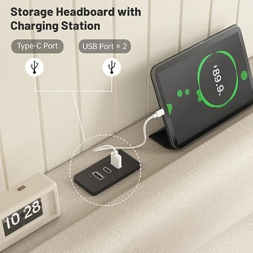 EnHomee Full Size Bed Frame with Fabric Headboard, Upholstered Full Bed Frame with 3 Charging Stations, Wooden Slats, Noise-Free, No Box Spring Needed, Beige thumbnail 3