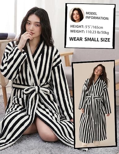 Arssm Womens Striped Fluffy Robe Long Plush Fuzzy Warm Bathrobes | Cozy Thick Loungewear, Maxi Robe, Color Block, Housecoat thumbnail 6