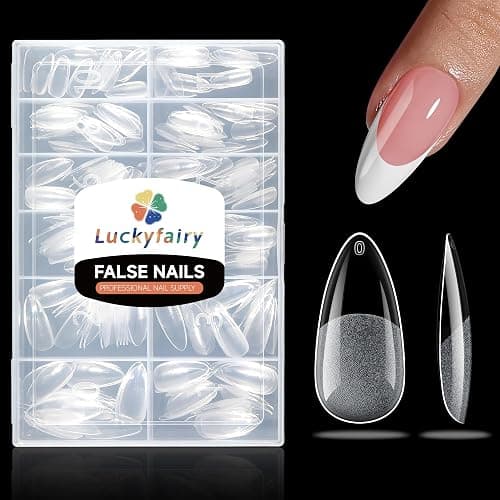 Luckyfairy Medium Almond Nail Tips, 240pcs Soft Gel Pre-Filed Acrylic Almond Fake Nails, Half Matte Full Cover Clear Press on Flase Nail Tips for Nail Extension Home DIY 12 Sizes Gelly Tips - B-Medium Almond - Image 1
