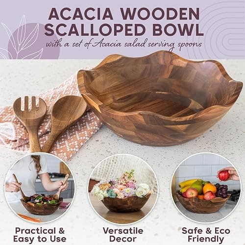 Wood Salad Bowl with Serving Utensils - Large Scalloped Decorative 12" Acacia Wooden Mixing Bowls Set with Spoons - Handcrafted Farmhouse Kitchen Serveware for Fruit, Pasta, Snacks and Home Decor thumbnail 5