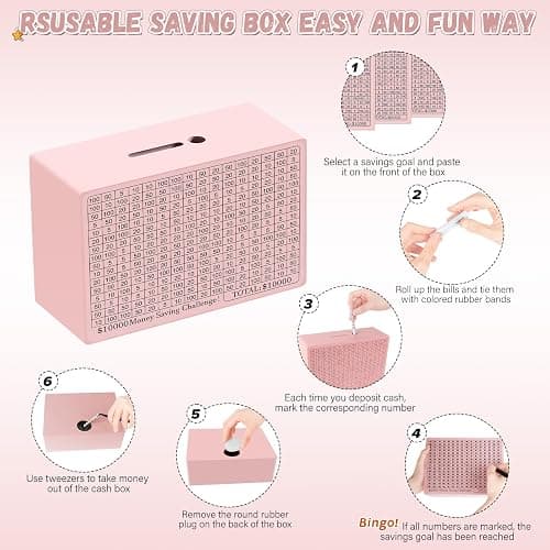 Wooden Money Saving Box, Cash Vault Savings Box for $10000 $5000 $3000 $1000 $800 $500 Target Money Saving Challenge, Reusable Money Box with Counter, Dry Erase Pen/Savings Trackers/Rubber Band-Pink thumbnail 6
