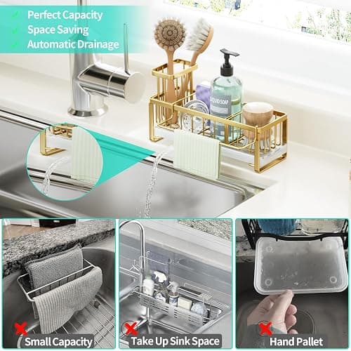 HapiRm Sponge Holder for Kitchen Sink - Self-draining Sink Caddy with Brush Holder and Dishcloth Holder, Stainless Steel Kitchen Organizer for Countertop - Gold thumbnail 7
