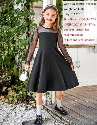 Arshiner Girl's Contrast Mesh Puff Long Sleeve High Waist A Line Short Dress with Pockets for 6-13 Years thumbnail 6