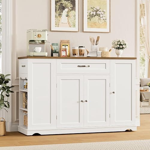 HOSTACK Kitchen Island Cart with Storage, 47'' Kitchen Storage Island on Wheels with 2 Drawers, Rolling Island Table with Adjustable Shelves, Mobile Buffet Sideboard Cabinet for Dining Room, White thumbnail 2