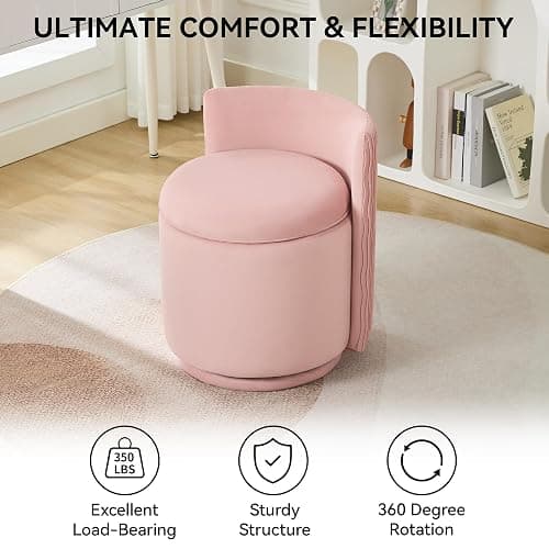 WUTUTUEE Velvet Vanity Chair with Storage, 360° Swivel Makeup Chair with Wave Back, No Assembly Small Accent Stool for Bedroom, Dressing, Living Room, Pink thumbnail 7