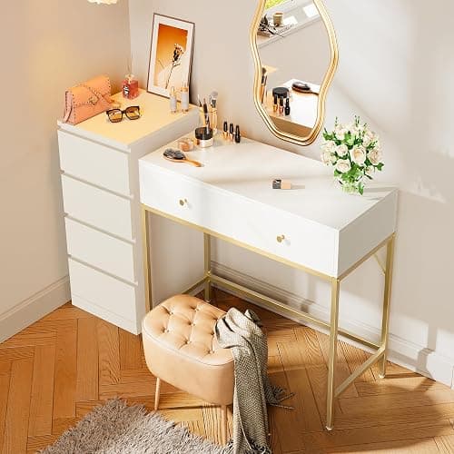 SUPERJARE 31.5" White and Gold Desk with 2 Drawers, Modern Vanity Desk, Small Makeup Table for Home Office Writing Study Bedroom thumbnail 8