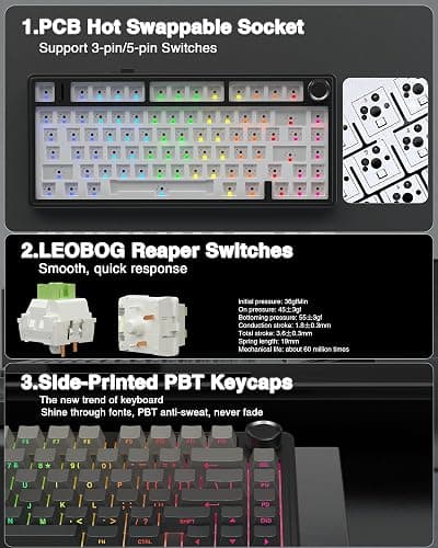 AULA F75 Pro Wireless Mechanical Keyboard,75% Hot Swappable Custom Keyboard with Knob,RGB Backlit,Pre-lubed Reaper Switches,Side Printed PBT Keycaps,2.4GHz/USB-C/BT5.0 Mechanical Gaming Keyboards thumbnail 5