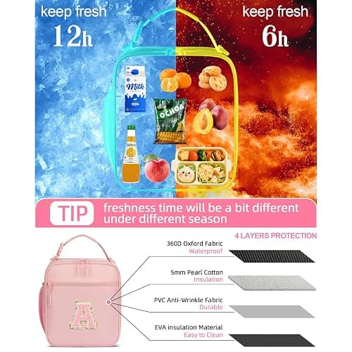 CLOUDWINGS Initial Insulated Lunch Bag for Girls Kids, Back to School Gift, Reusable Leak-proof Lunch Box with Adjustable Strap for School Daycare Travel Picnic (Pink,A) thumbnail 6