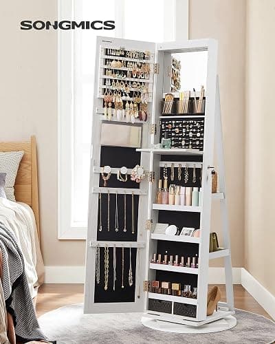 SONGMICS JJC007W01 Schmuckschrank mit Spiegel auf Füßen, abschließbar, mit 6 LEDs, Schmuckaufbewahrung, um 360° drehbar, rahmenlos, 3 Ablagen, weiße Oberfläche, schwarze Innenauskleidung thumbnail 2