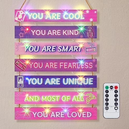 FIOBEE Girls Room Décor for Teen Girls Boys with LED Light Nursery Wall Decor for Bedroom Motivational Inspirational Wall Art Girl Room Decoration for Kids Living Room, 8 Kinds of Lights, Purple Game - Image 1