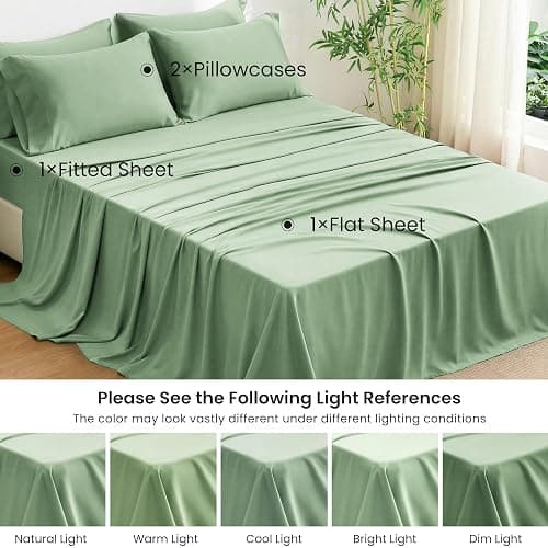 Love's cabin 4 Piece Full Size Sheet Set, 100% Rayon Derived from Bamboo, Cooling & Breathable, Soft Silky Deep Pocket up to 16", Hotel Luxury Bedding for Hot Sleepers, Sage Green thumbnail 7