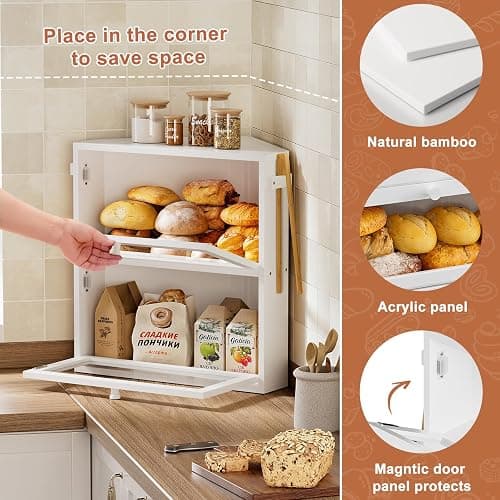 WOWLIVE Corner Bread Box for Kitchen Countertop, Large Double Layer Bread Storage Container for Homemade Bread, Black Bread Holder for Kitchen Counter, Under Cabinet Organizer (White, Extra Large) thumbnail 4
