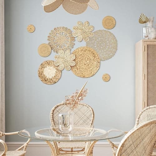 Glenmal Set of 13 Boho Wall Basket Decor Woven Rattan Flat Baskets Handmade Boho Wicker Bamboo Seagrass Wall Hanging Decor for Bedroom Living Room Dining Room Office Ready to Hang(Plain) thumbnail 5