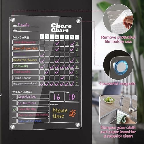 EASFREEAT 1pc Acrylic Magnetic Chore Chart for Kids, Chore Board, Dry Erase Chore Chart, 12"x8" Transparent Erasable Reward Chart for Teens and Adults Chore Checklist with Towel and 4 Markers thumbnail 4
