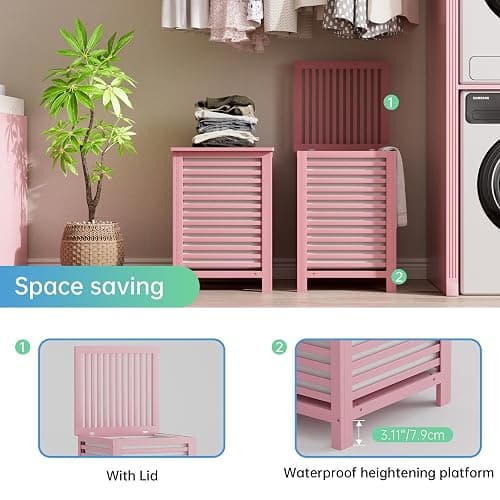 SMIBUY Double Laundry Hamper with Lid, 120L Bamboo Laundry Basket with Removable Liner Bag, 2-Section Clothes Divider Laundry Sorter for Laundry Room, Bathroom, Bedroom (Pink) thumbnail 5
