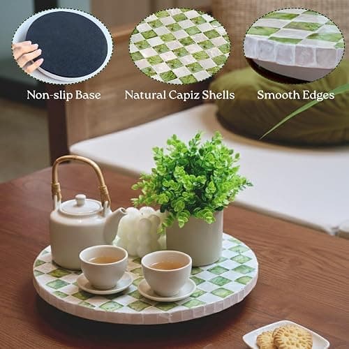 CHI AN HOME 12" Checkered Lazy Susan for Tabletop, Handcrafted Mother of Pearl Turntable Organizer for Kitchen Counter, Coffee Table, Bathroom, Dining or Organizing (Pistachio Green) thumbnail 4