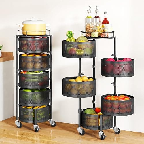 SAYZH Fruit Vegetable Basket for Kitchen, Rotating Storage Rack, 5 Tier Rolling Cart with top lid, Large Metal Wire Wheels, Black - Image 1