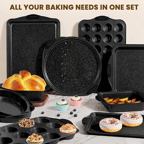 Kikcoin 22 PCS Nonstick Baking Pans Set, Stackable Bakeware Sets with Silicone Handles, 450°F Oven Safe Baking Sheet set, Easy Release Cookie Sheets for Baking, Black thumbnail 7