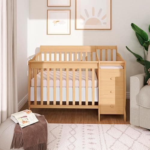 Dream On Me Jayden 4-in-1 Convertible Mini Baby Crib with 3 Drawer Changer | Converts to Daybed & Twin Size Bed, Wooden Crib with Mattress, 3 Adjustable Heights, GREENGUARD Gold & BSA Verified, Natural thumbnail 2