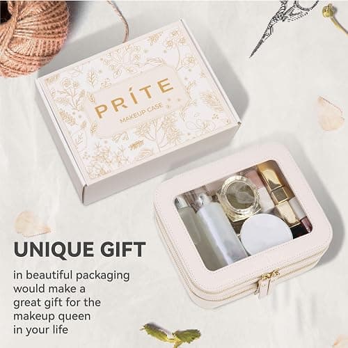Prite Double Layer Makeup Bag for Women Portable Clear Makeup Bag Cute Waterproof Travel Cosmetic Bag with Gold Zipper for Car Essentials(Beige) thumbnail 6