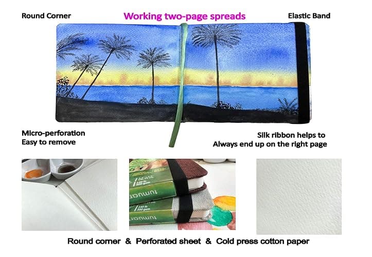 tumuarta Square Watercolor Journal, 8.25x8.25”, 140 LB, 300 GSM, 25% Cotton, Cold Press, 24 Sheets, 48 Pages, Watercolor Paper Sketchbooks for Use As Travel Mixed Media Pads Plein Air Set thumbnail 3