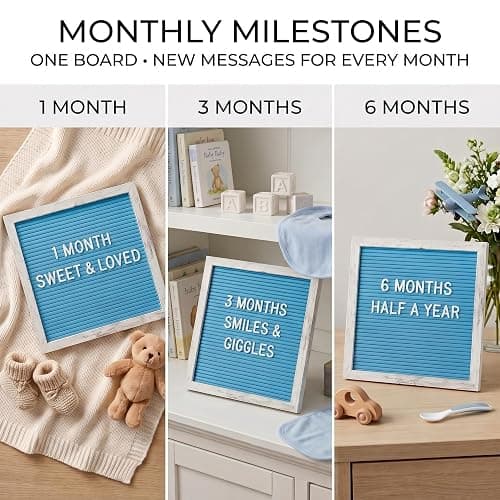 Rustic Blue Felt Letter Board 10x10 Inch for Baby Boy Announcements | 336 letters, numbers and symbols with a tabletop stand and wall hanger for newborn photos, milestones and birthdays thumbnail 5