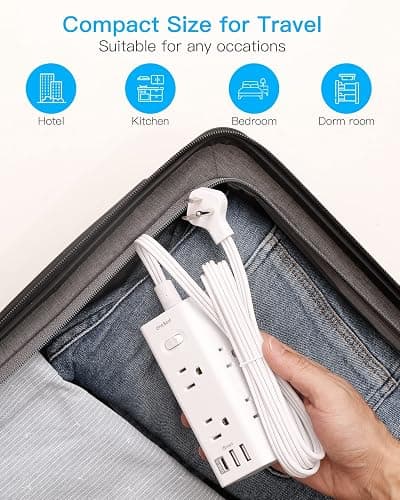 10Ft Extension Cord with Multiple Outlets, Flat Plug Power Strip Surge Protector with 10 Ft Long Cord, 6 Outlet 3 USB Ports (1 USB C), Multi Outlet Wall Plug for Travel, College, Dorm Room Essentials - White - 10FT thumbnail 7