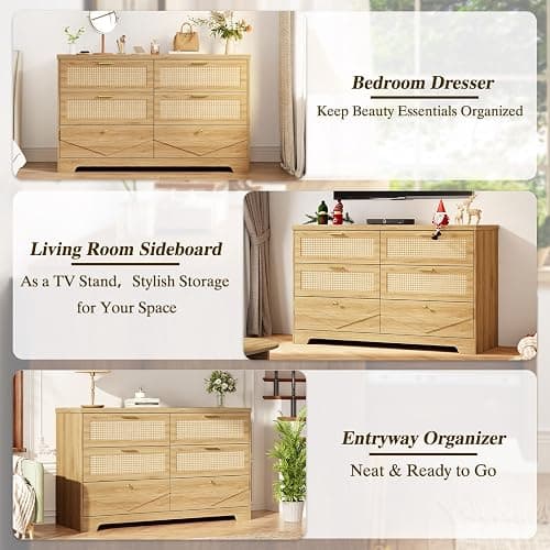 IBF Rattan Dresser for Bedroom, Wood Boho 6 Drawer Dressers, Large Dresser Chest of Drawers for Closet, Wide Clothes Storage Organizer with Deep Drawers for Living Room and Hallway, 51.2 Inch, Oak thumbnail 8