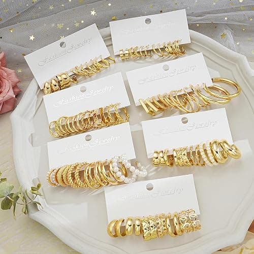 42 Pairs Gold Hoop Earrings Set for Women, Fashion Chunky Pearl Earrings Multipack Twisted Statement Earring Pack, Hypoallergenic Small Big Hoops Earrings for Birthday Party thumbnail 2