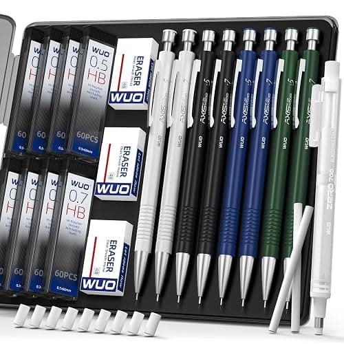 WUO 0.5 & 0.7 mm Mechanical Pencils with Eraser Pen Storage Case, 8 PCS | Metal Drafting Pencil Set, 480 HB Lead Refills, 3x4B Erasers, 11 Eraser Refills for Artist Writing Drawing Sketching - Image 1