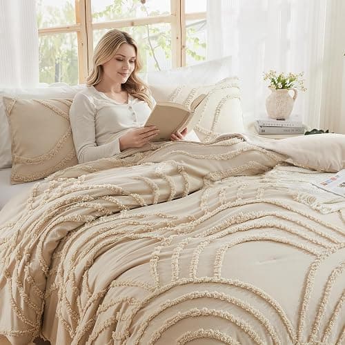 ENJOHOS Full Boho Comforter Set for College Girls - 3 Pieces Beige Tufted Rainbow Comforter, Lightweight Soft Microfiber Bedding with 2 Pillowcase for All Season thumbnail 5