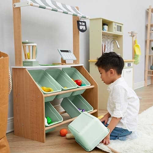 Teamson Kids Little Helper Wooden Farmer's Market Stand with Pretend Cash Register and 6 Plastic Storage Bins, Green, TD-13638A-AMZ thumbnail 7