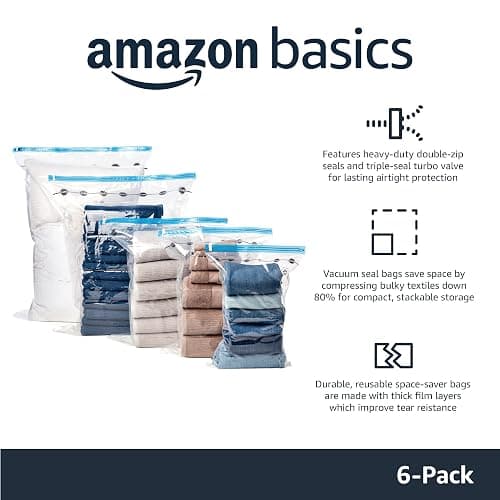 Amazon Basics Vacuum Compression Space Saving Storage Bags with Hand Pump for Clothes Packing, Jumbo, Clear, Pack of 6 thumbnail 4