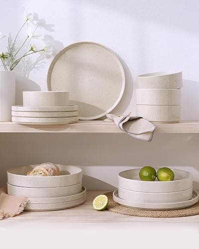 Famiware Nebula Plates and Bowls Sets, 12 Pieces Dinnerware Sets, Dishes Set for 4, Creamy White with Colorful Speckles thumbnail 2