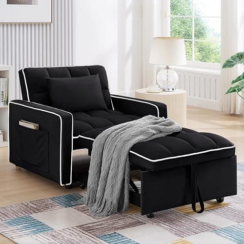 Convertible Sleeper Chair Bed, 3 in 1 Modern Velvet Pull Out Sofa Bed, Small Tufted Single Sleeper Chair with Adjustable Backrest/Pillow for Living Room, Small Spaces, Apartment, Office, Black - Image 1