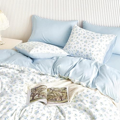Wake In Cloud - Coquette Duvet Cover Set, Floral Cottagecore Flower Shabby Chic Cute Aesthetic, Soft Lightweight Bedding for Women Teen Girls, 3-Piece, White Blue, Twin/Twin XL Size thumbnail 5