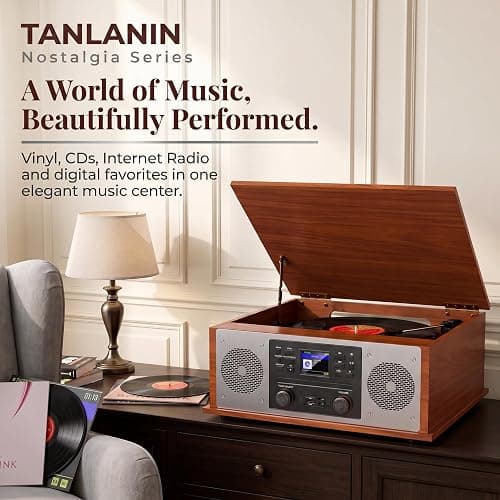 10 in 1 Bluetooth Record Player All-in-One Multimedia Center | Stereo Speakers, CD Player, Internet Radio, 3-Speed Turntable, Clock, Alarm, USB Recording, RCA Out, LCD Display, Red Wood thumbnail 6