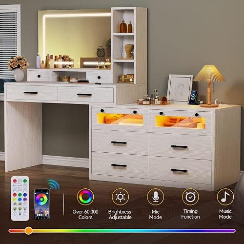 YITAHOME Vanity Desk with Mirror and Lights, RGB Makeup Vanity Table Set with 10 Drawers and 4 Storage Shelves, 3 Lighting Modes Adjustable, Large Makeup Dressing Table with Charging Station, White thumbnail 4