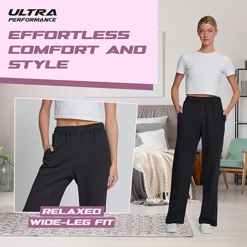 Ultra Performance Womens Sweatpants 3 Pack Open Bottom Wide Leg Lounge Sweatpant’s Pant Baggy Long Sweat Pants for Women thumbnail 3