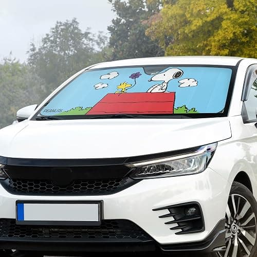 Peanuts Snoopy & Woodstock Auto Sunshade with Little Tree Air Freshener – Universal Fit Windshield Protector for Cars, Trucks & SUVs – Keeps Vehicle Cool & Fresh thumbnail 2