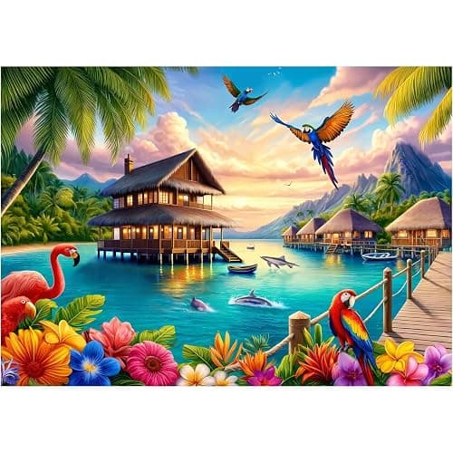 Rocorose 1000 Piece Family Jigsaw Puzzle for Adults, Parrot Flamingo Dolphin Animal Puzzle, Challenging Lakeside Sea Scenic Tropical Islands Puzzle Game Home Decor - Image 1