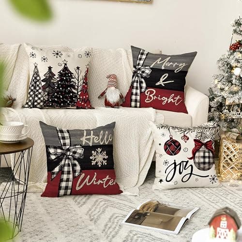 AVOIN colorlife Merry Christmas Joy Xmas Trees Red Throw Pillow Covers, 18 x 18 Inch Christmas Winter Holiday Cushion Case Decoration for Sofa Couch Set of 4 thumbnail 2